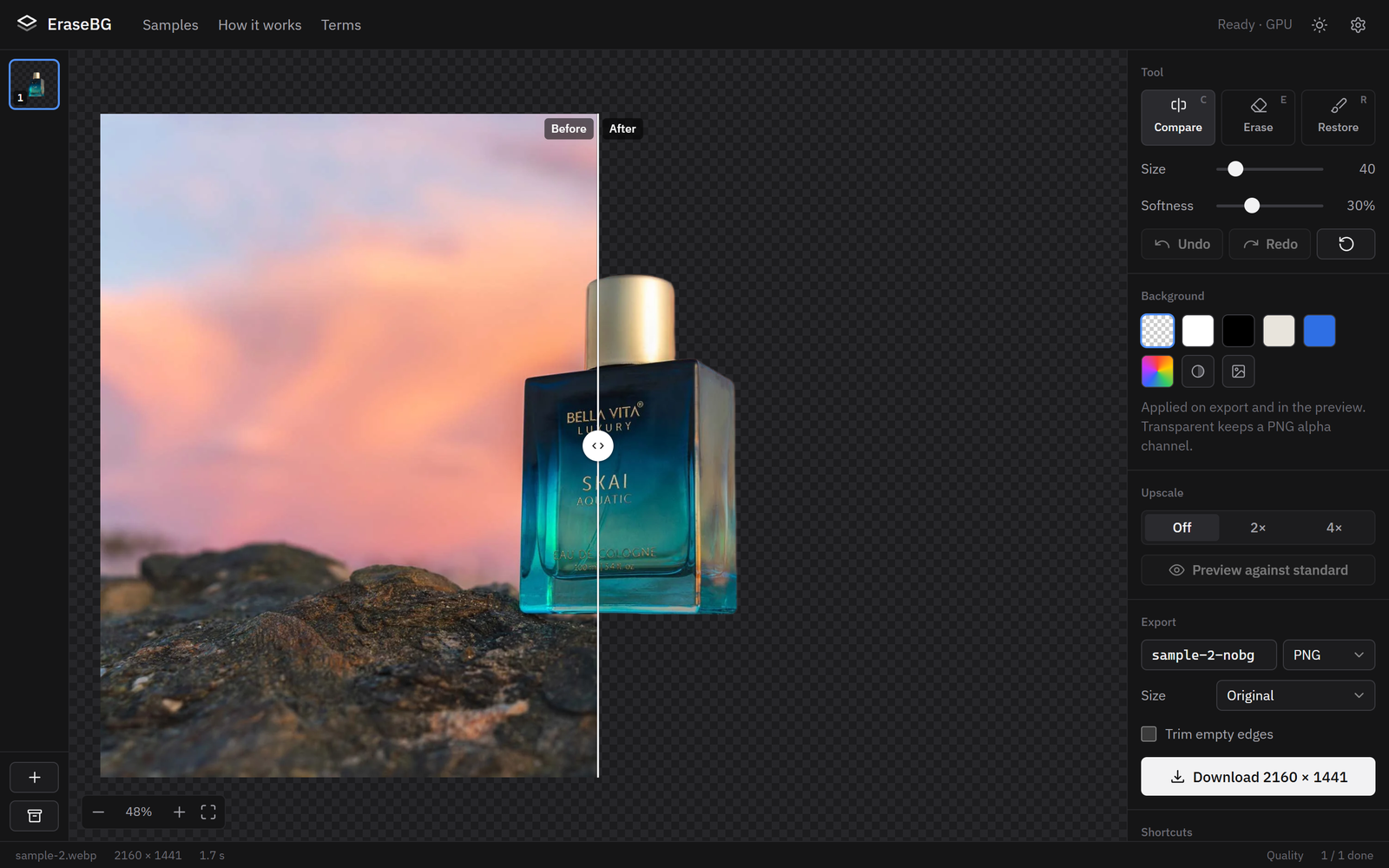 EraseBG editor with the compare divider across a product photo and the tool panel on the right